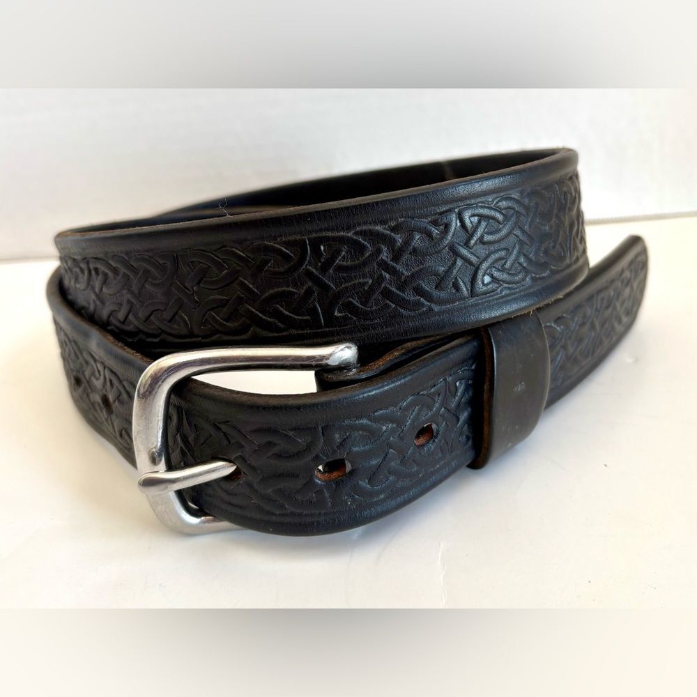 Mens Vintage Black Embossed Celtic Knot Leather Belt 1.5” Wide X 38” Long